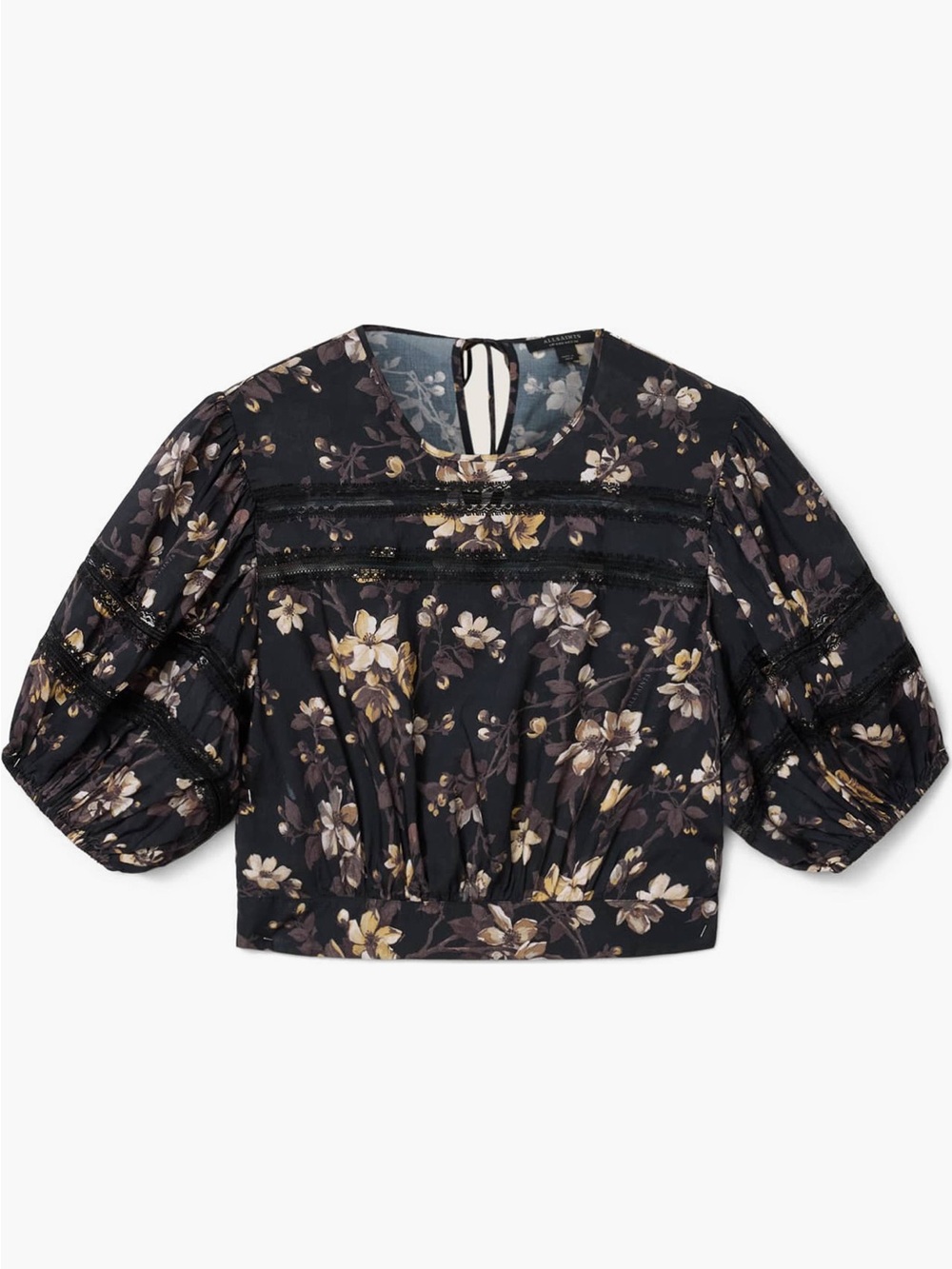 AllSaints Black Floral Puff-Sleeve Crop Top